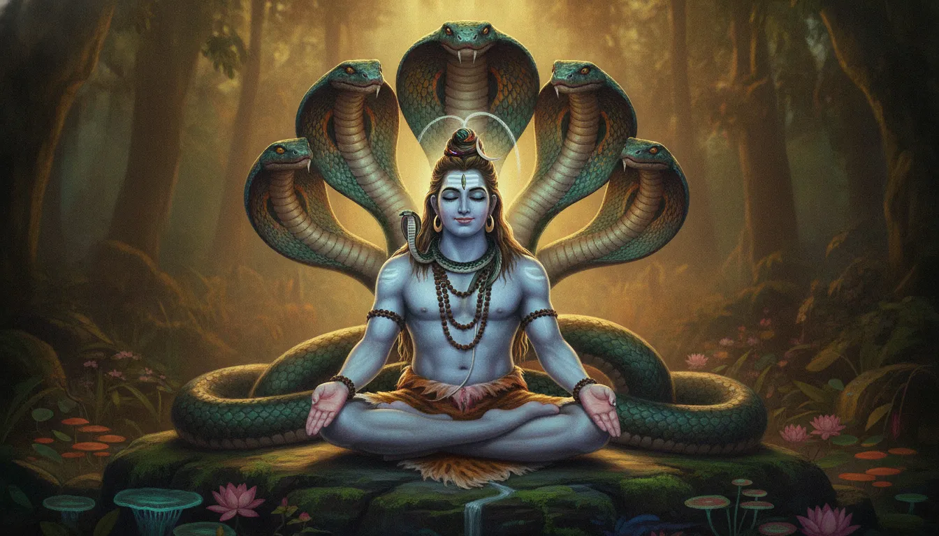 Lord Shiva in a peaceful meditative pose with a large five-headed cobra forming a protective canopy above him.