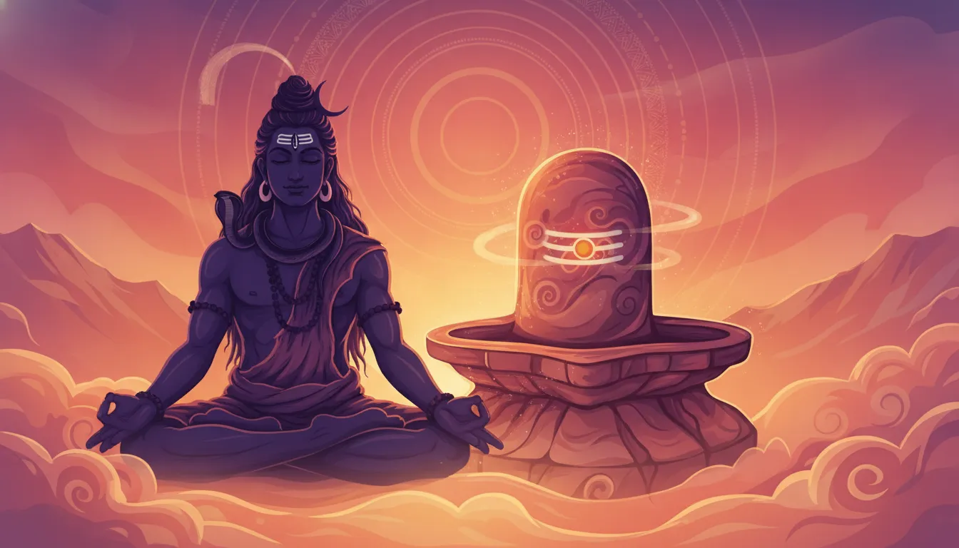Lord Shiva silhouette in meditation next to clip art images of shivling