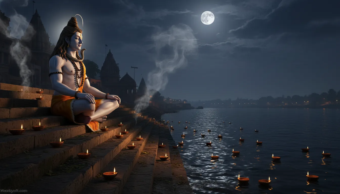 Lord Shiva meditating on the stone steps of Varanasi Ganga ghat at night with burning diyas floating in water.