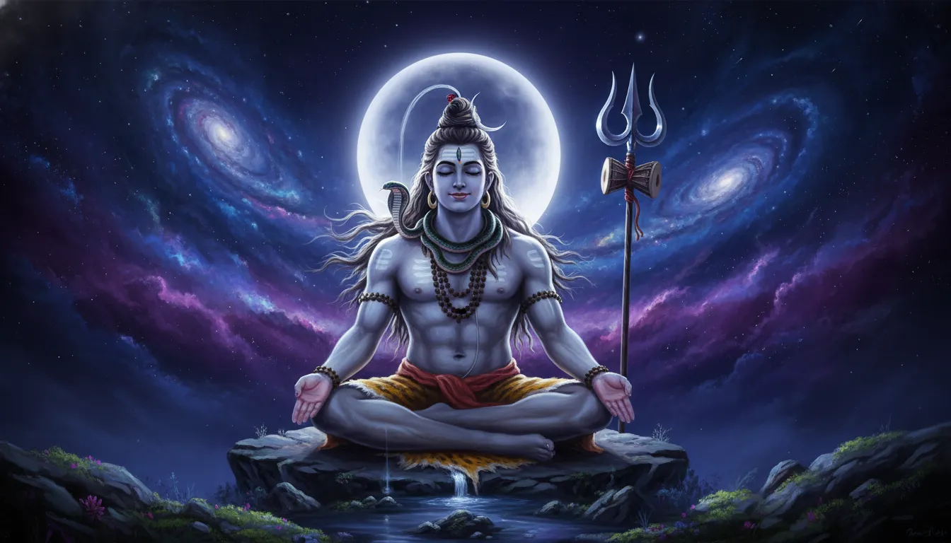 Lord Shiva meditating deeply in front of a giant glowing crescent moon and vibrant cosmic nebulae.