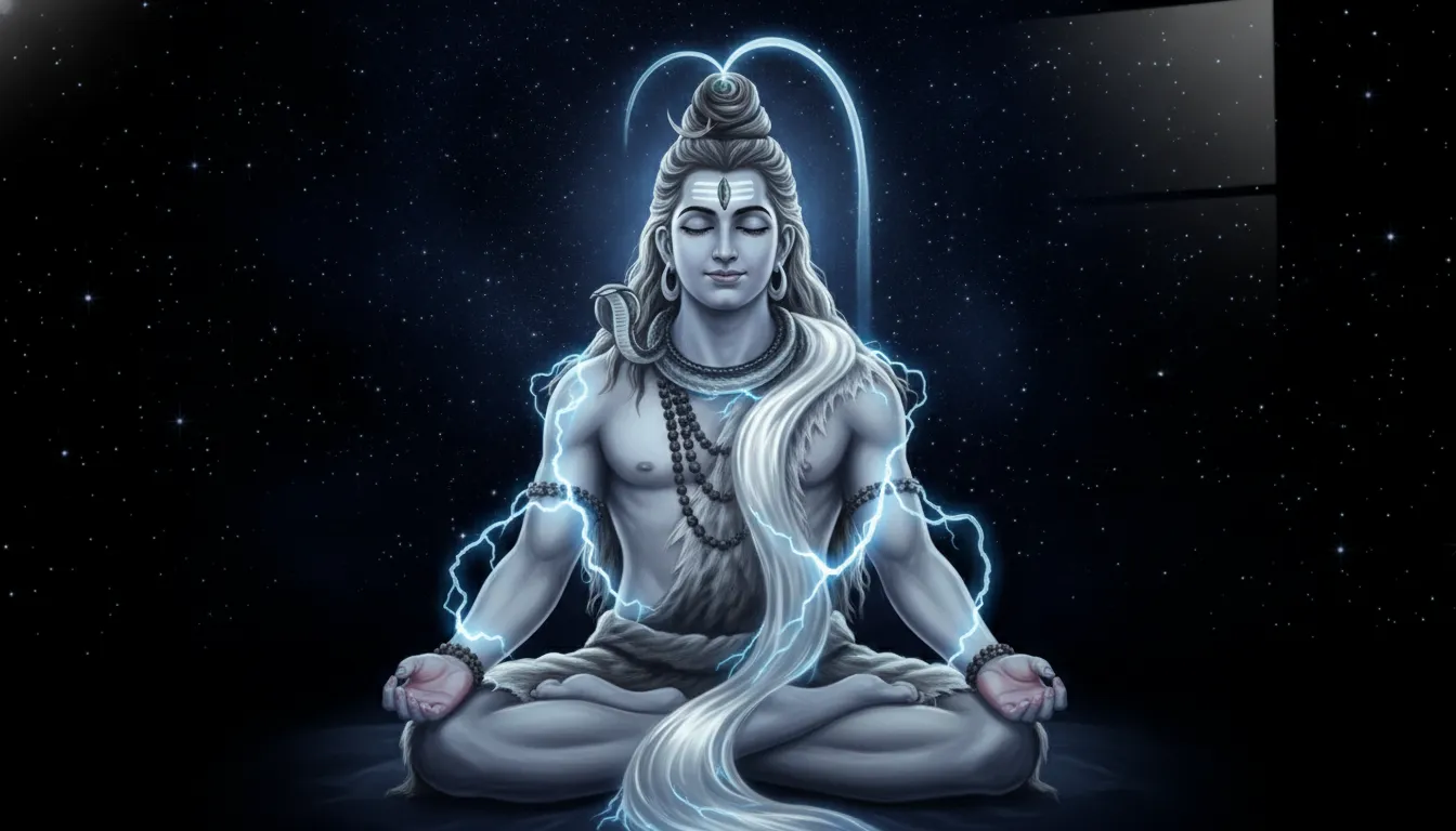 Lord Shiva meditating as the holy river Ganga flows from his hair amidst plasma lightning waves.