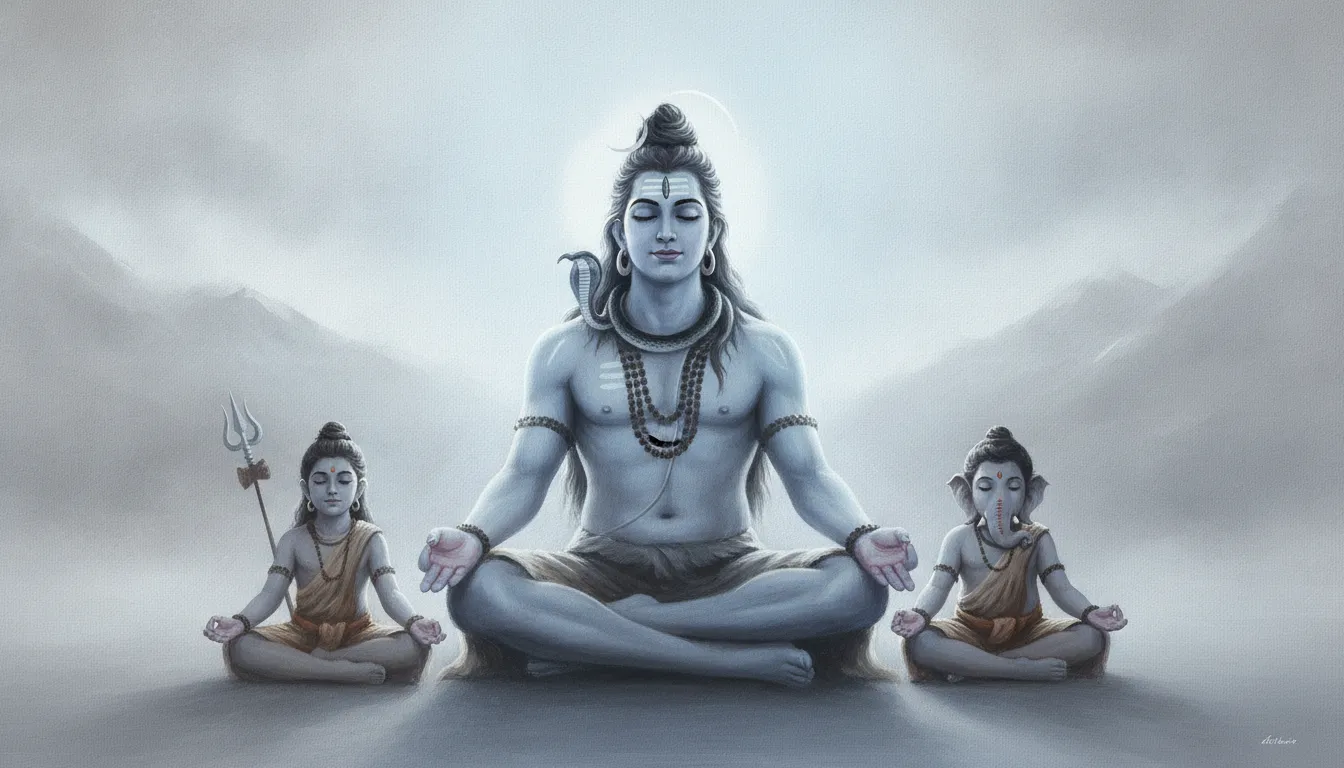 Lord Shiva in deep meditation while his young children sit quietly by his side.