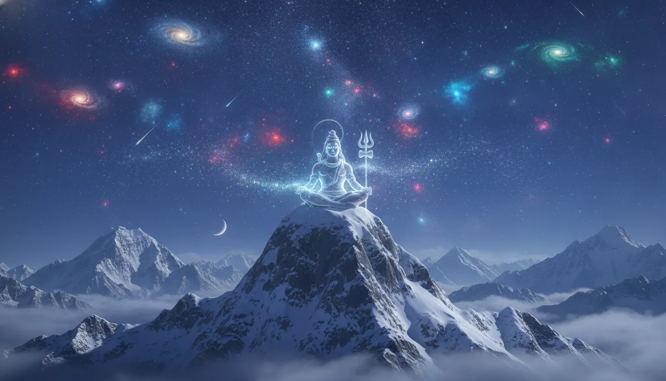 Lord Shiva meditating on a snow-covered Himalayan peak under a blue starry night sky