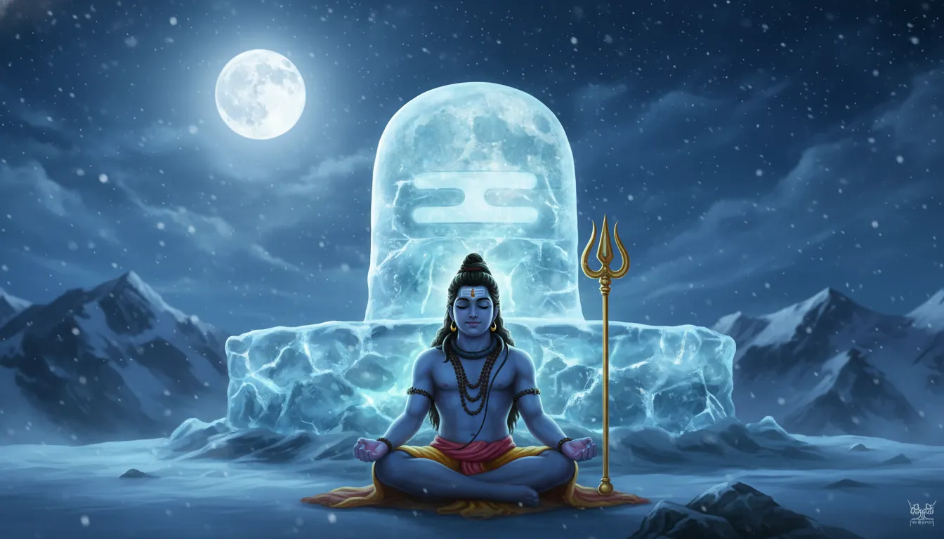 Full HD wallpaper of Lord Murugan meditating deeply in front of a massive ice Shivling on Mount Kailash.