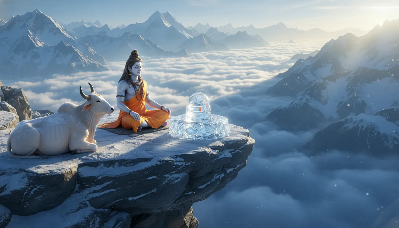 1080p HD spiritual wallpaper of Lord Shiva meditating beside a snowy mountain Shivling and Nandi.