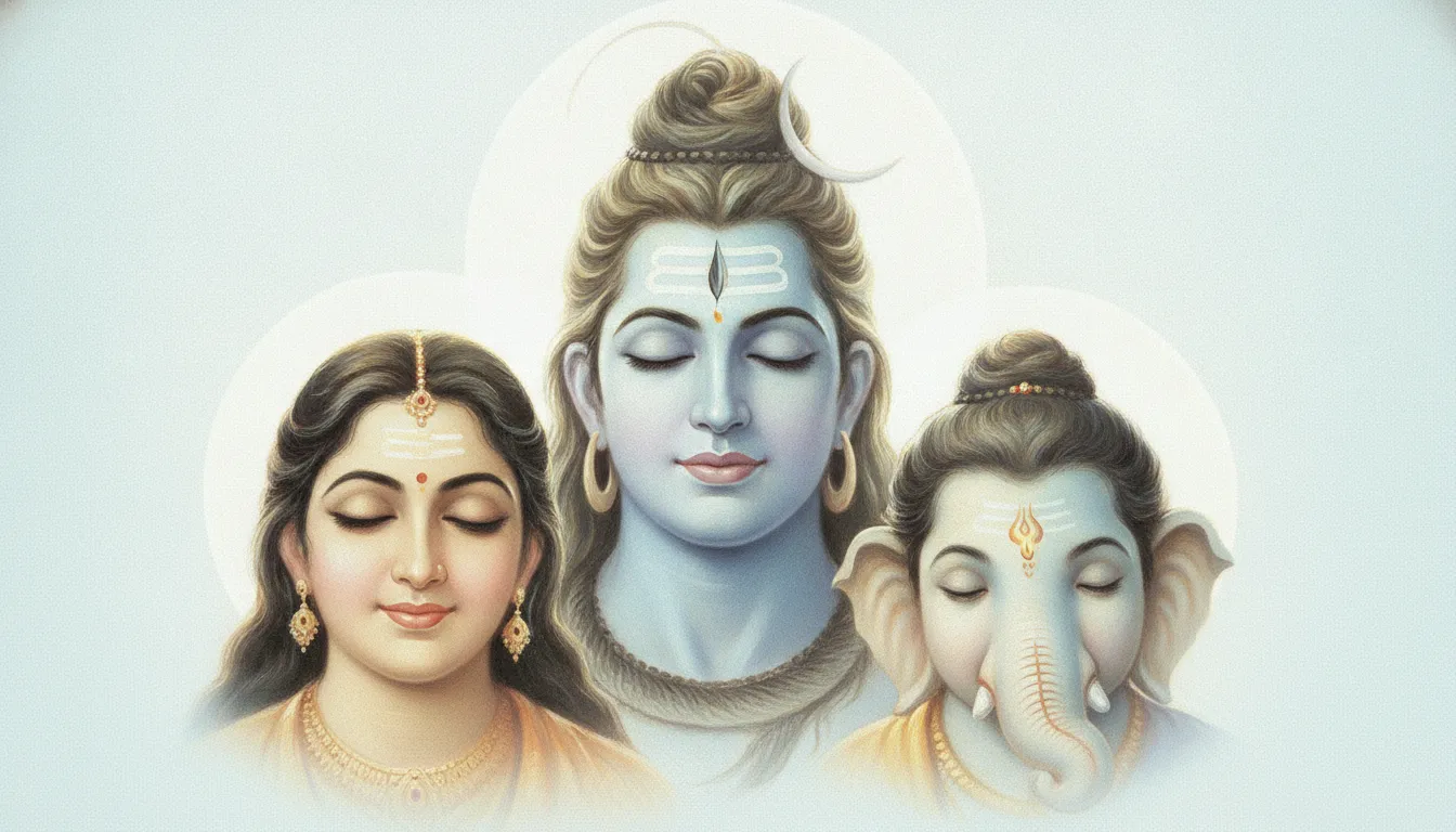 Close up spiritual portrait of Shiva Parvati and Ganesha in deep meditation