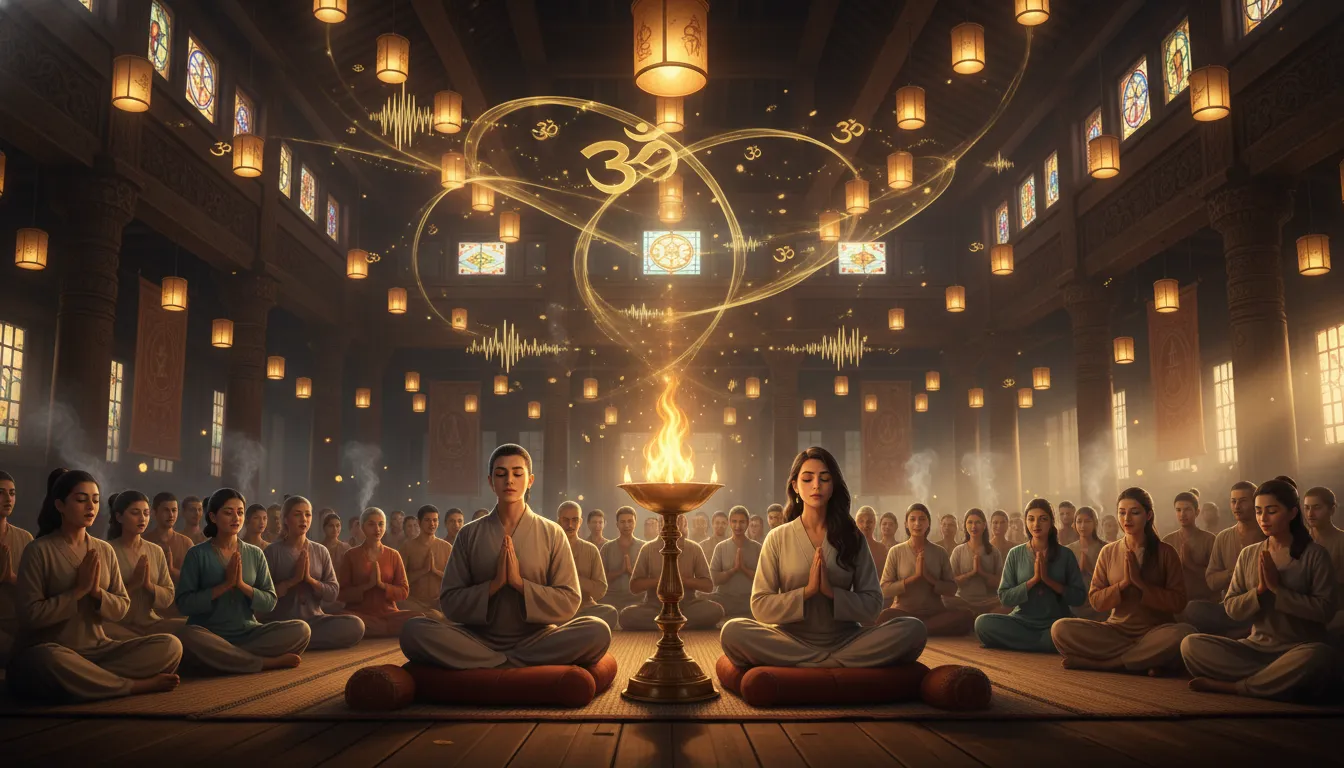 People meditating and chanting near a sacred flame inside a peaceful temple hall.