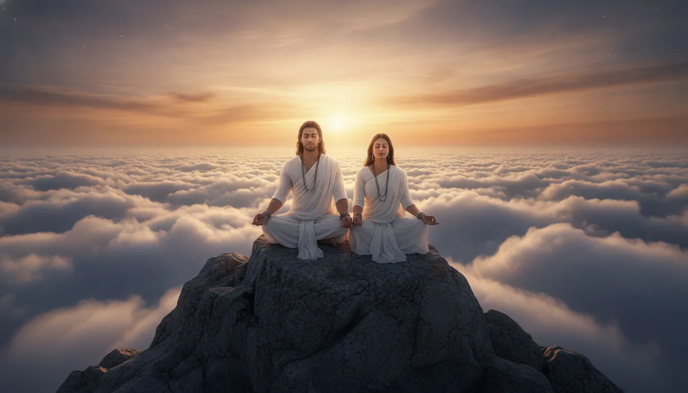 A peaceful divine couple sitting in a meditative posture on top of a high mountain peak above the clouds.