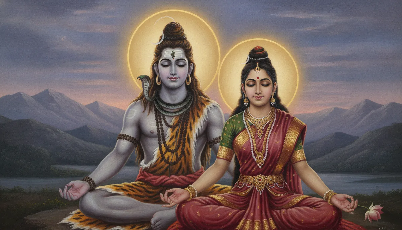 Shiva and Parvati in deep meditation with a glowing golden nimbus in the mountains