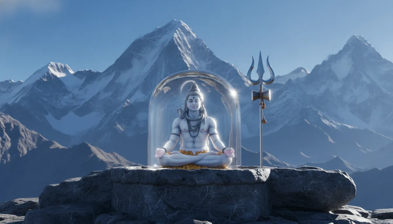 A high-quality 3D visual image of lord shiva in shivling meditating calmly surrounded by snow-capped Himalayan peaks.