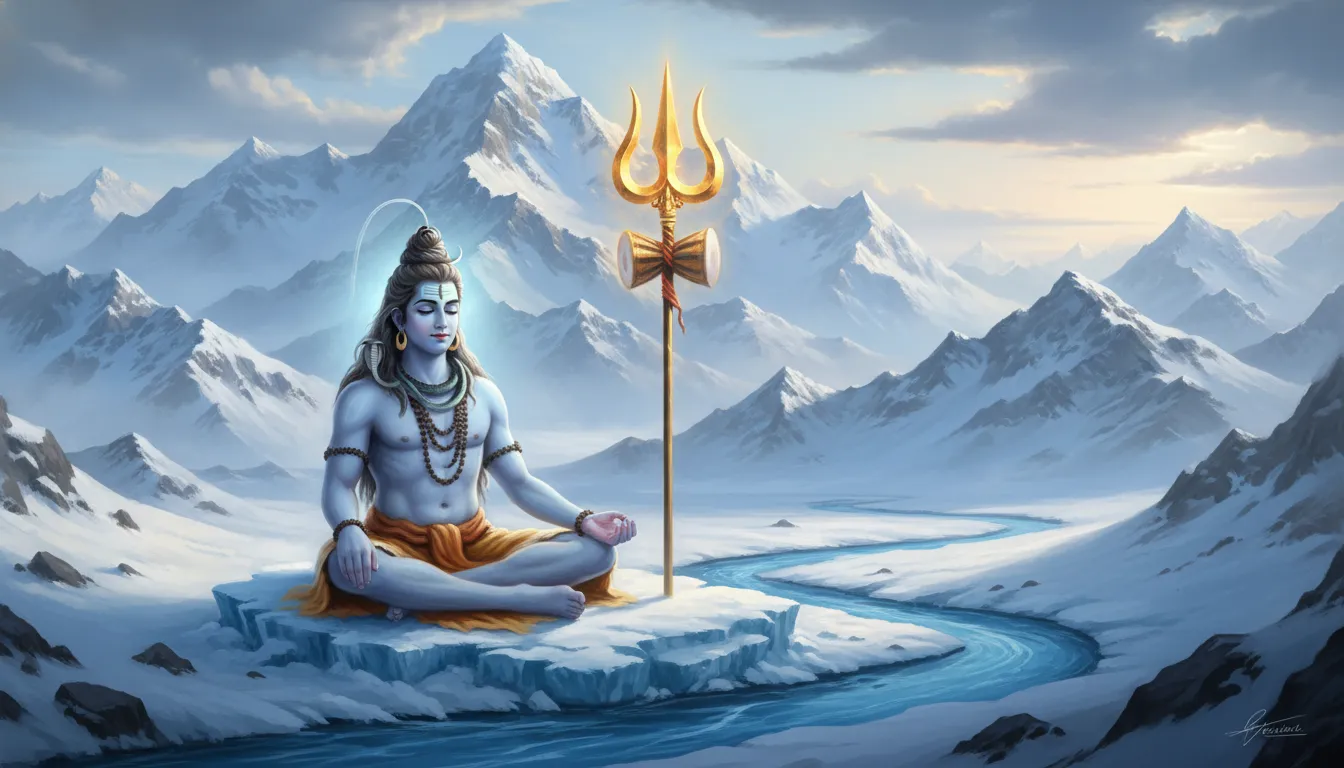 Lord Shiva meditating in the Himalayas with a glowing golden trishul beside him.