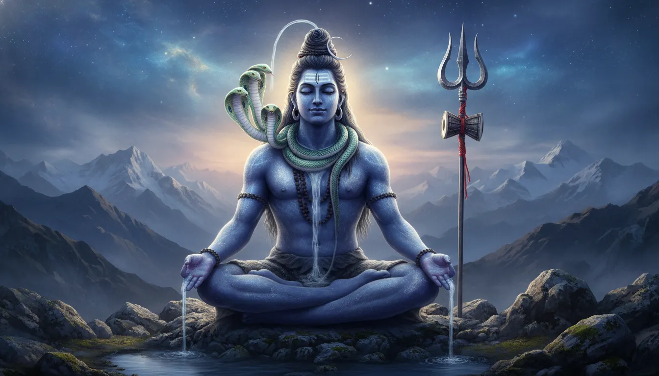 Lord Shiva meditating calmly with Vasuki snake around his neck