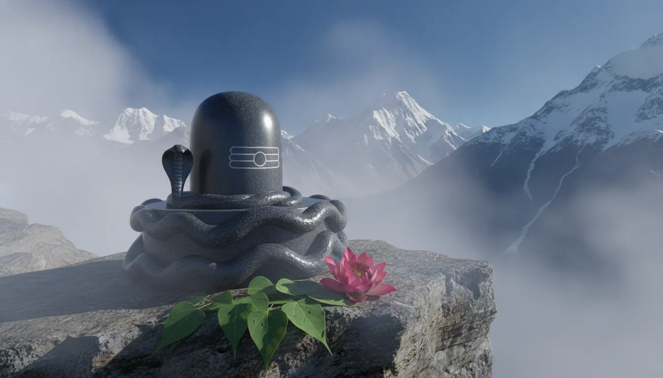 Lord Shiva Nageshwar Shivling image surrounded by snow-covered Himalayan mountains.