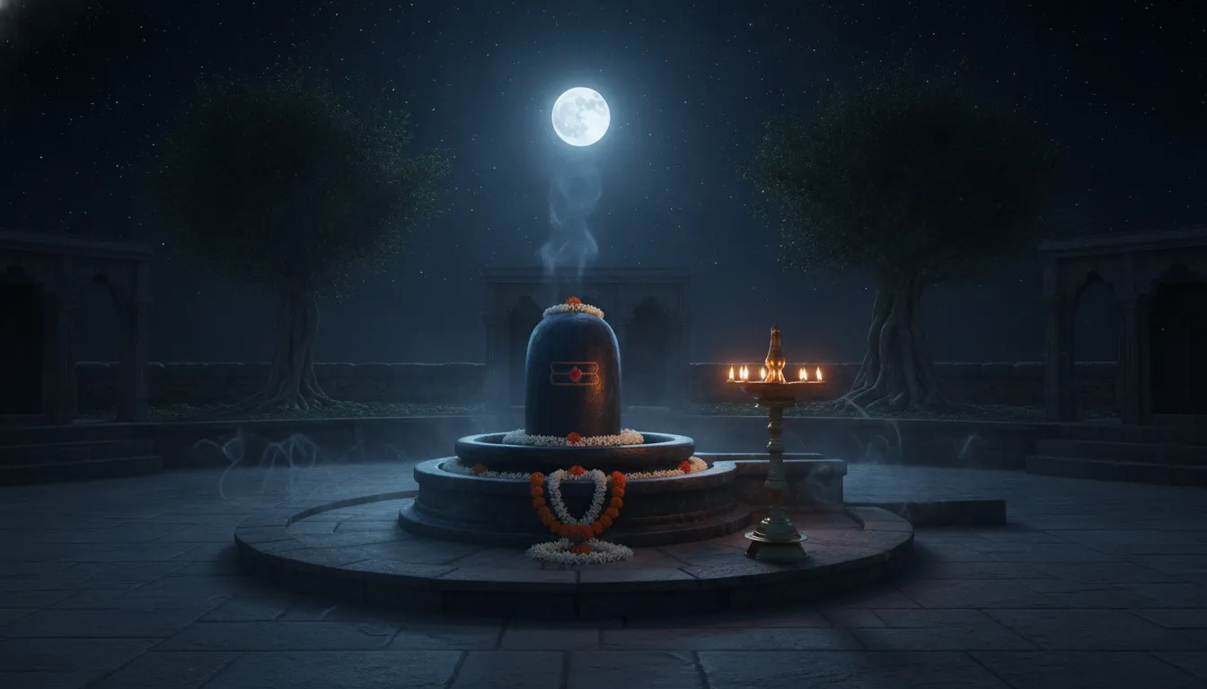 Shivling illuminated by blue and golden lights during night prayers at the temple.