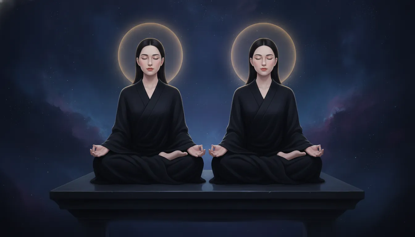 Meditation art featuring a divine couple in serene black attire with soft golden lighting.