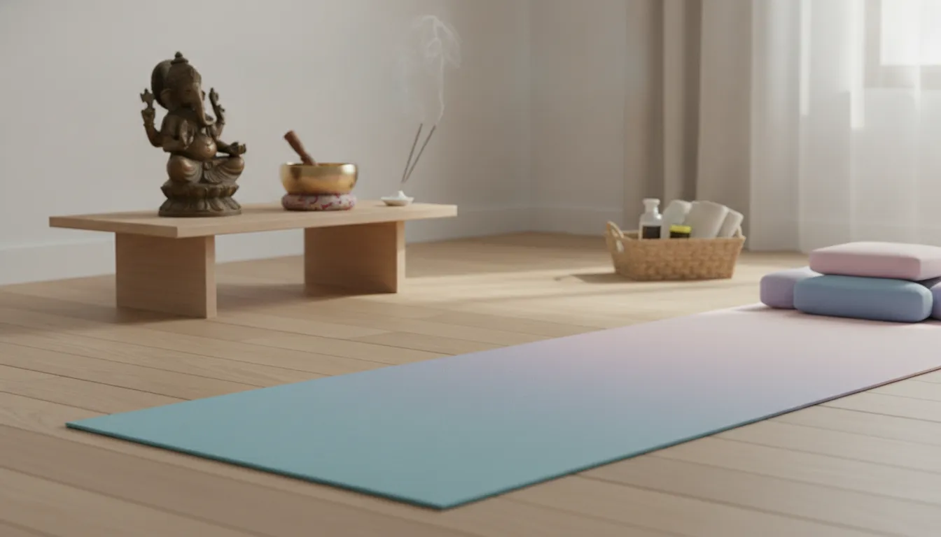 A peaceful meditation corner featuring a bronze Hindu deity statue, a rolled-up yoga mat, and a singing bowl.