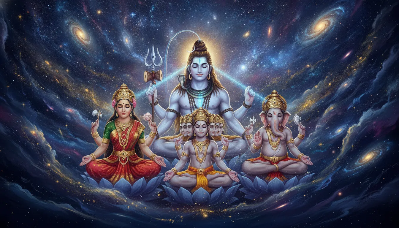 Shiva family meditating together surrounded by cosmic stars and nebula galaxy