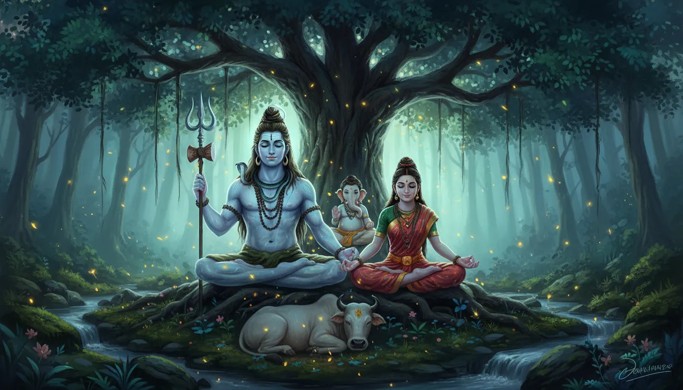 Conceptual artwork of Shiva family meditating together in a sacred forest filled with glowing light