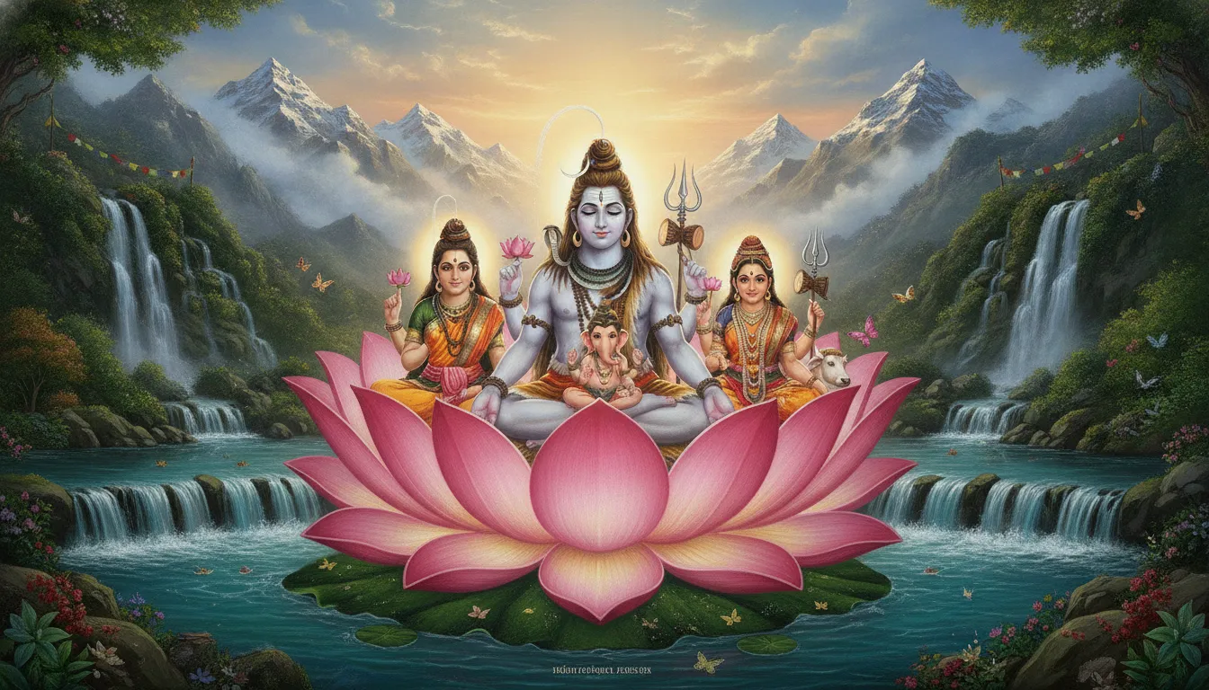 Shiva, Parvati, Ganesha, and Kartikeya seated inside a giant glowing lotus flower in a peaceful mountain valley.