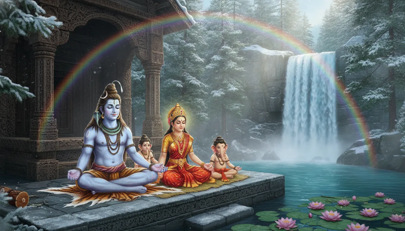 Lord Shiva, Parvati, and children meditating peacefully near a pristine waterfall by a Himalayan shrine.
