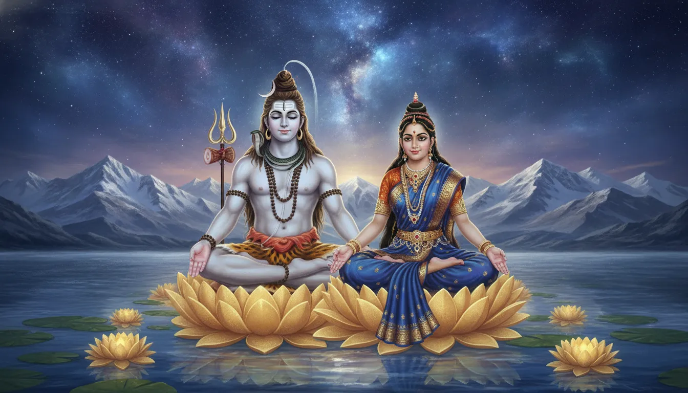Lord Shiva and Parvati meditating on golden lotus thrones against Mount Kailash background