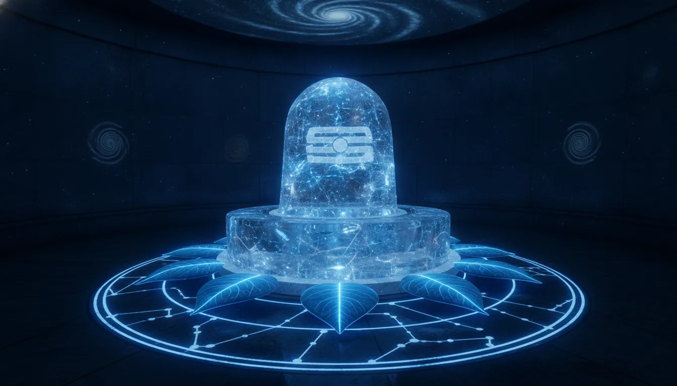 Sphatik shivling images with bili patra in blue colour glowing in a spiritual meditation background.