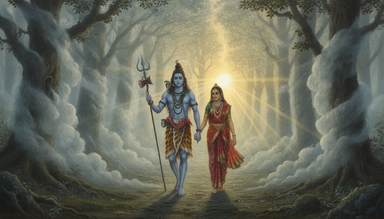 Shiva and Parvati walking through deep foggy forest with glowing morning sun