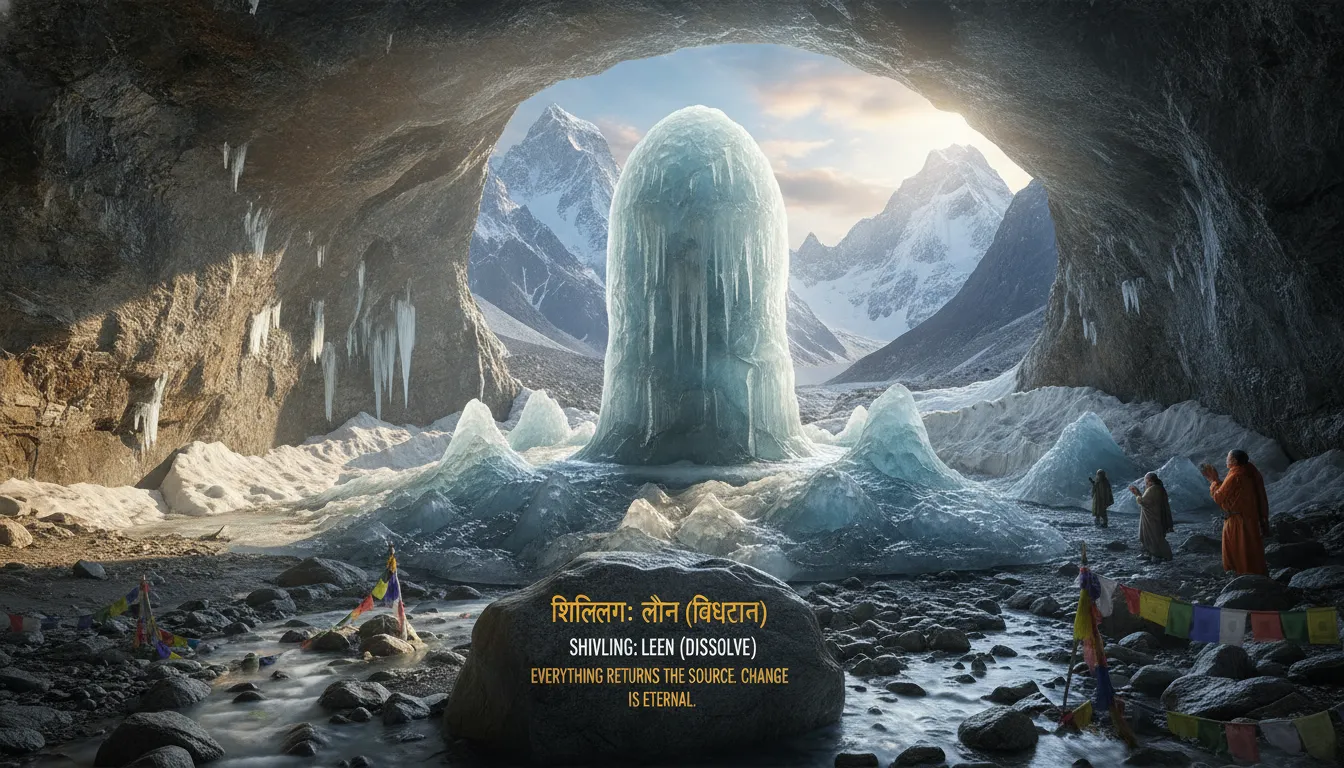 Water droplets melting from an ice Shivling and flowing into a clear stream inside a cave temple.