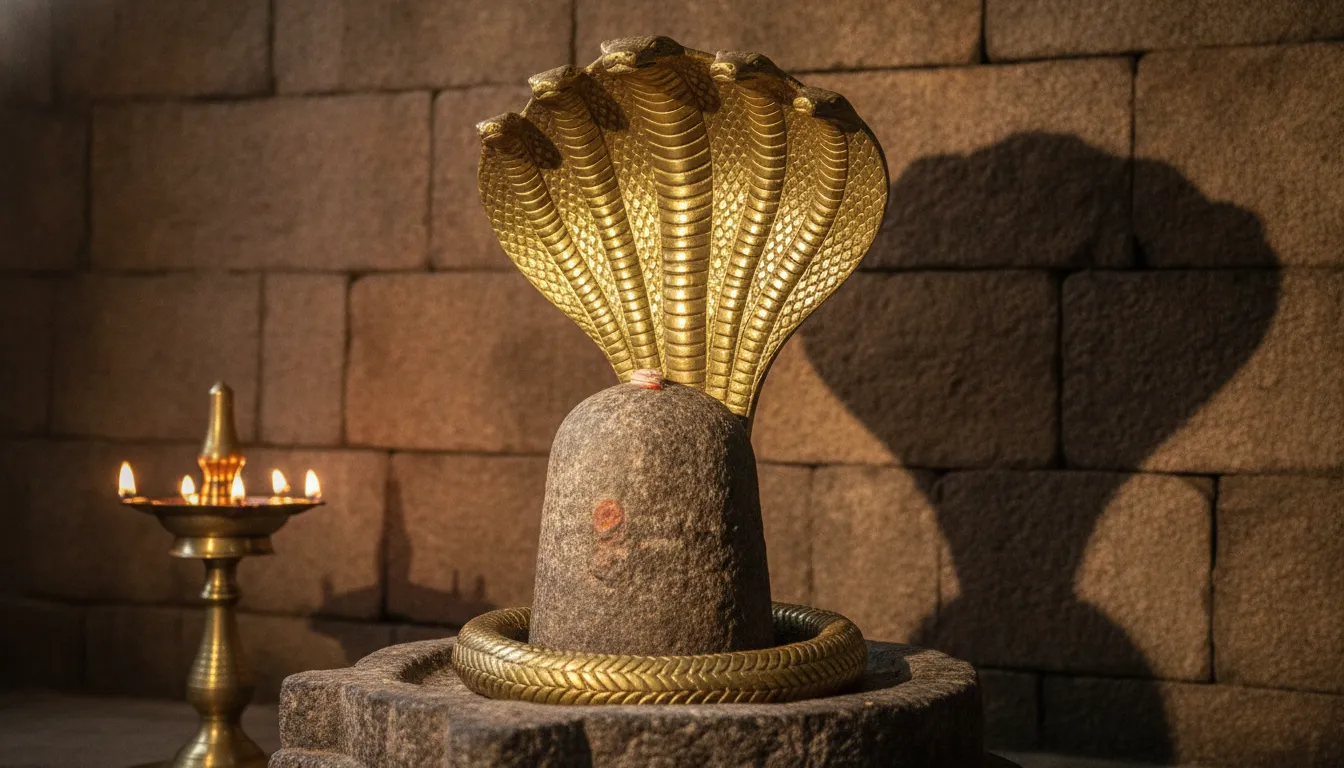 A dark stone Shivling sheltered by a multi-headed brass cobra hood with golden highlights.