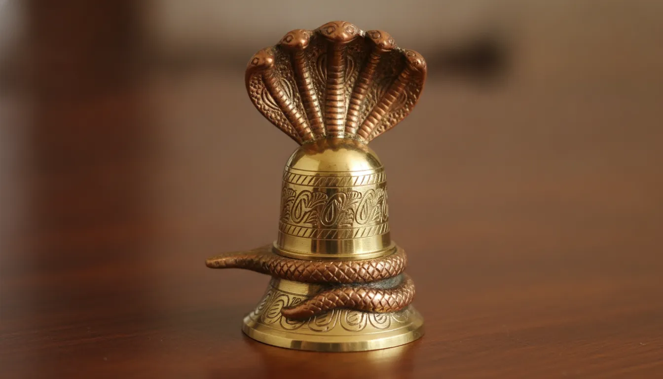Shiny brass shivling wrapped in a multi-headed polished copper snake.
