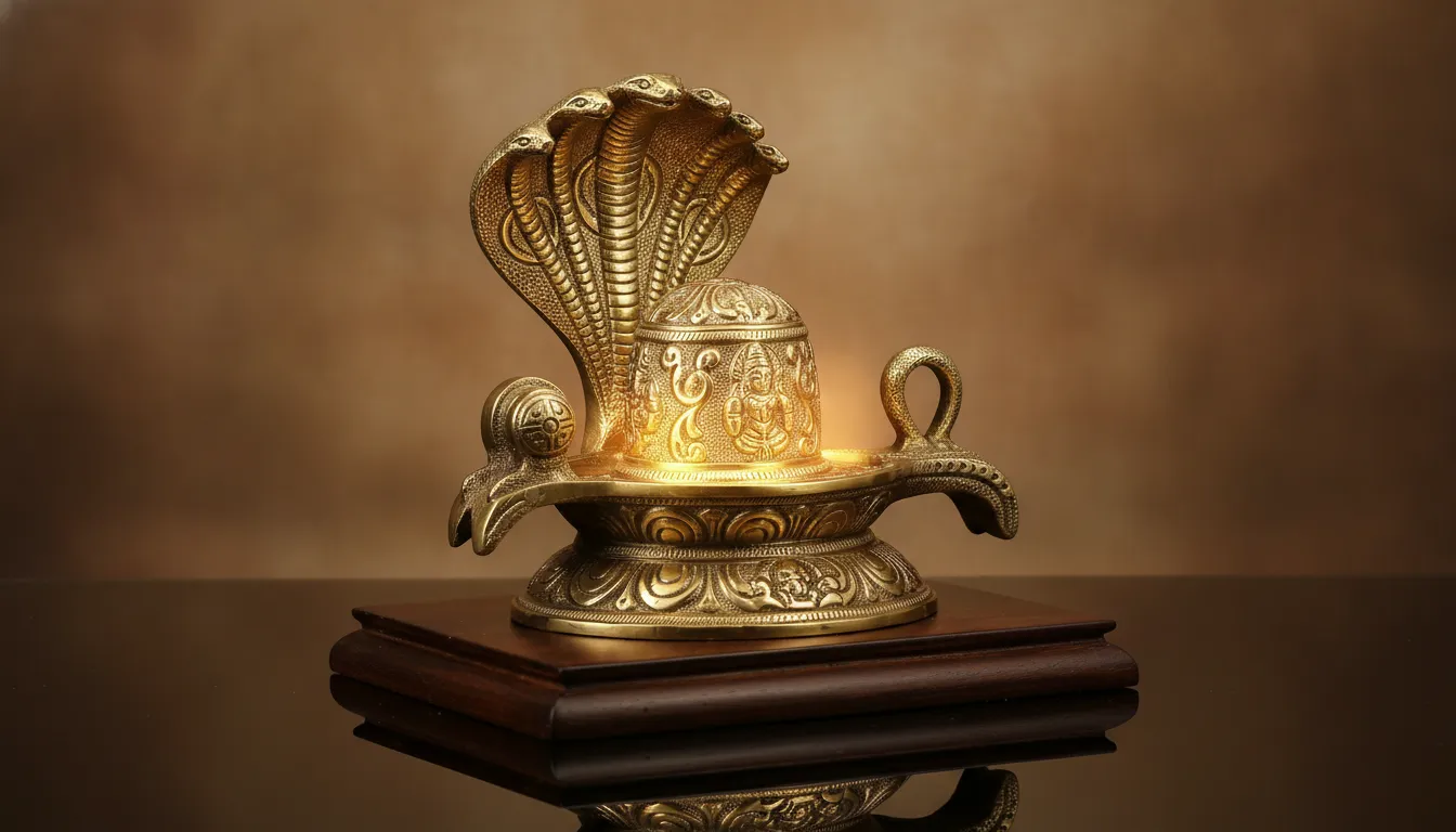 Shiny brass Shivling protected by a multi-headed metallic cobra snake canopy.