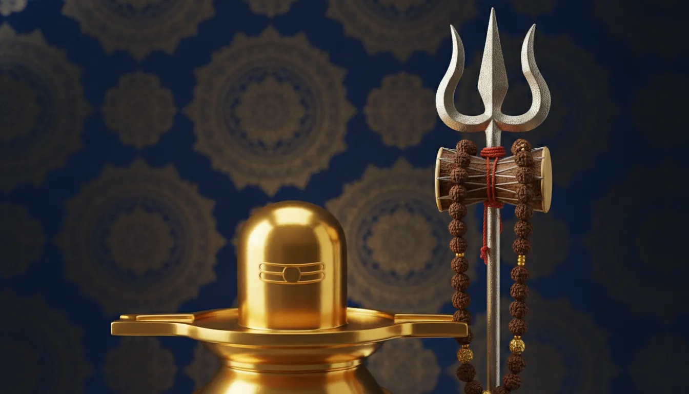 Royal golden Shivling with shiny brass Trishul and metallic finish