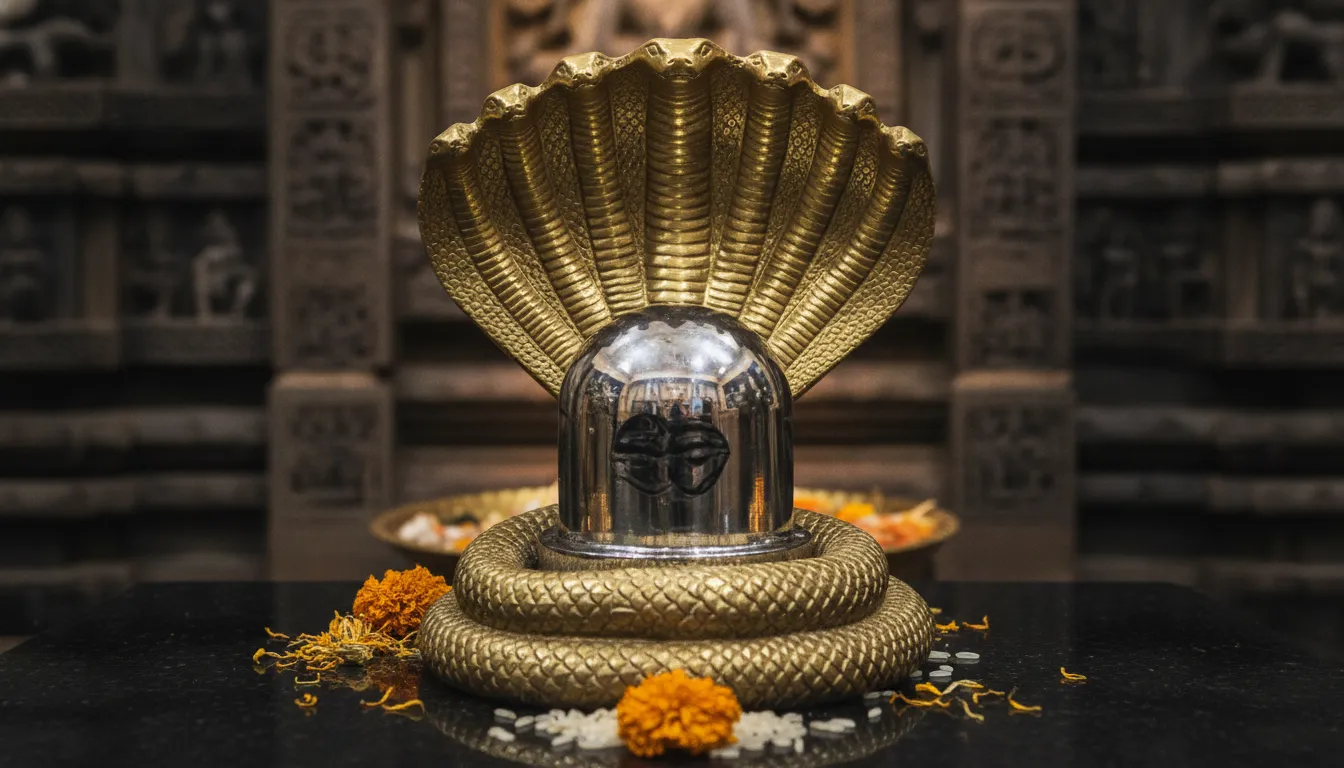 Solid mercury parad shivling guarded by a multi-headed metallic brass sheshnag cobra hood from behind