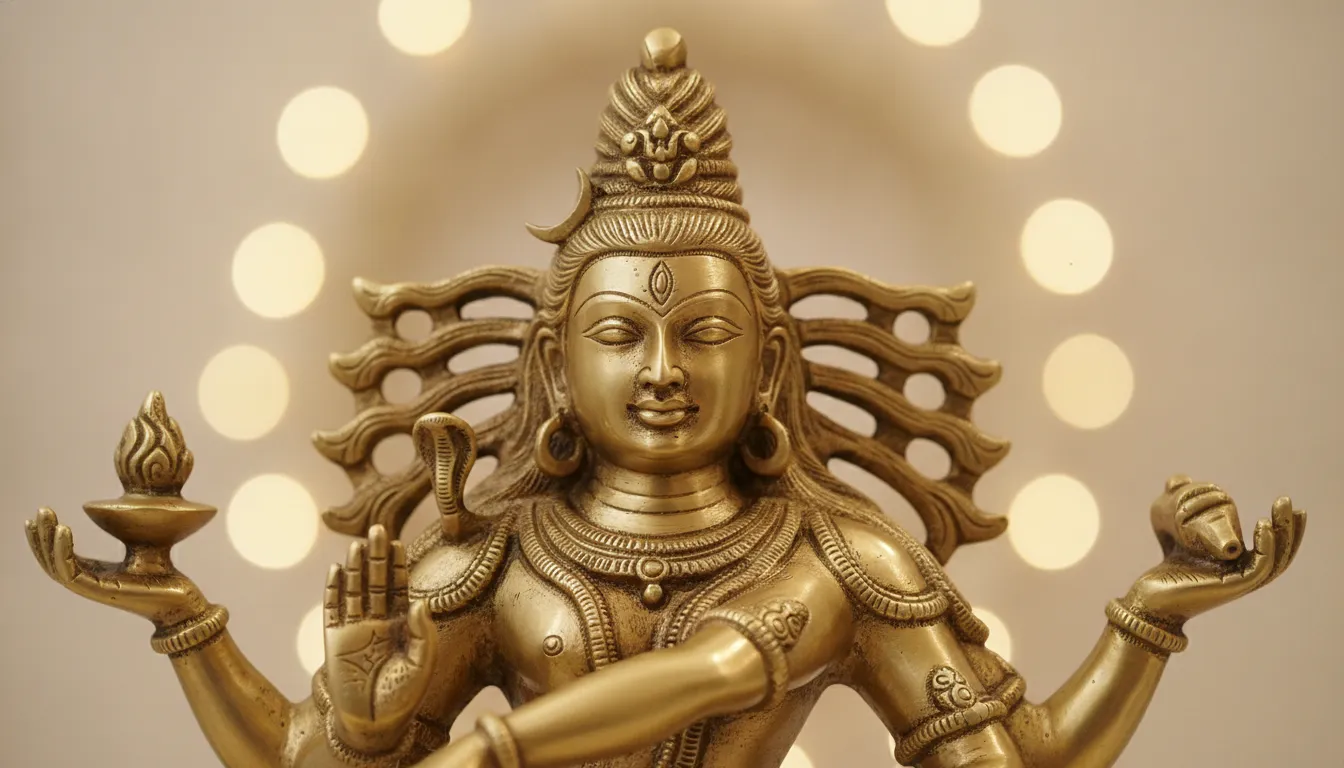 A close-up macro shot of a pure brass Nataraja statue focusing on facial expressions and hand mudras.