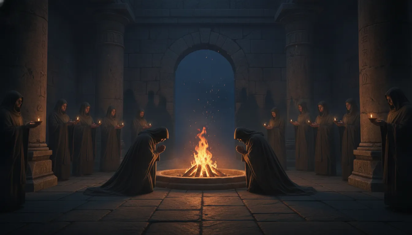 Devotees gathering around a sacred fire for a midnight ritual in a dark stone temple.