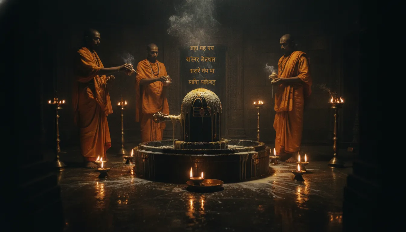 Sacred midnight Rudrabhishek ritual being performed on the Kashi Vishwanath Shivling by Vedic priests.