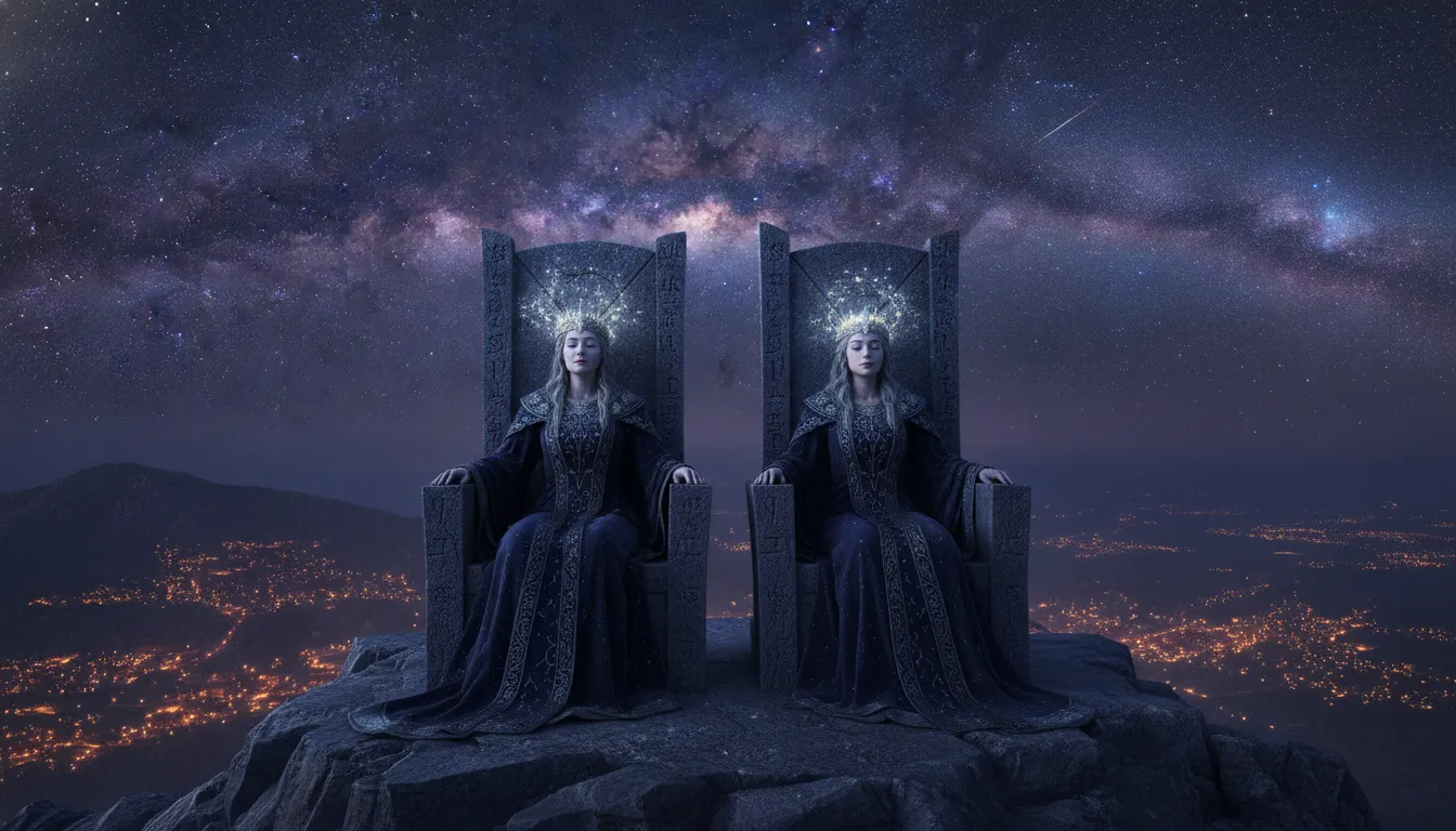 Divine king and queen sitting on stone thrones on a mountain peak under a brilliant starry night sky