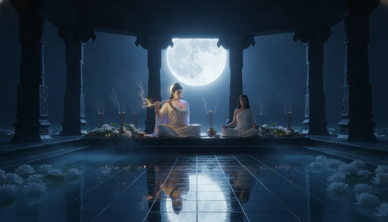 A midnight temple scene with a divine flute player under full moonlight with swirling blue mist.