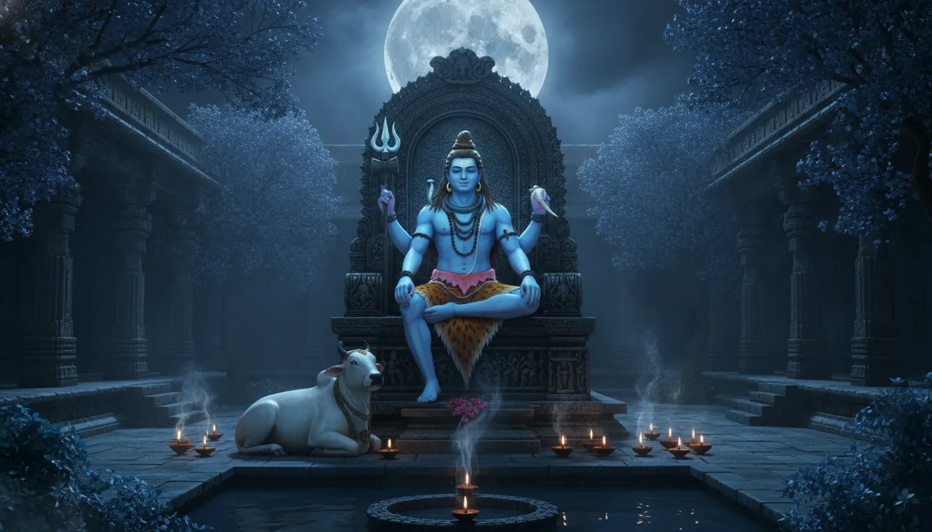 Lord Shiva on a stone throne inside a moonlit temple courtyard with Nandi the bull.