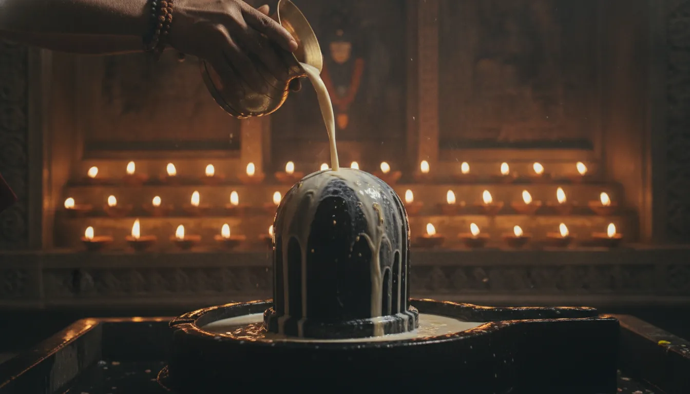 Sacred milk and water Abhishek ritual on Nageshwar Shivling HD photo.