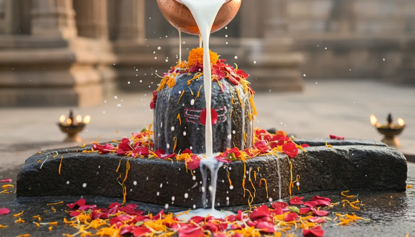 Devotees performing abhishekam while giving flowers on the shivling with rose petals and milk.