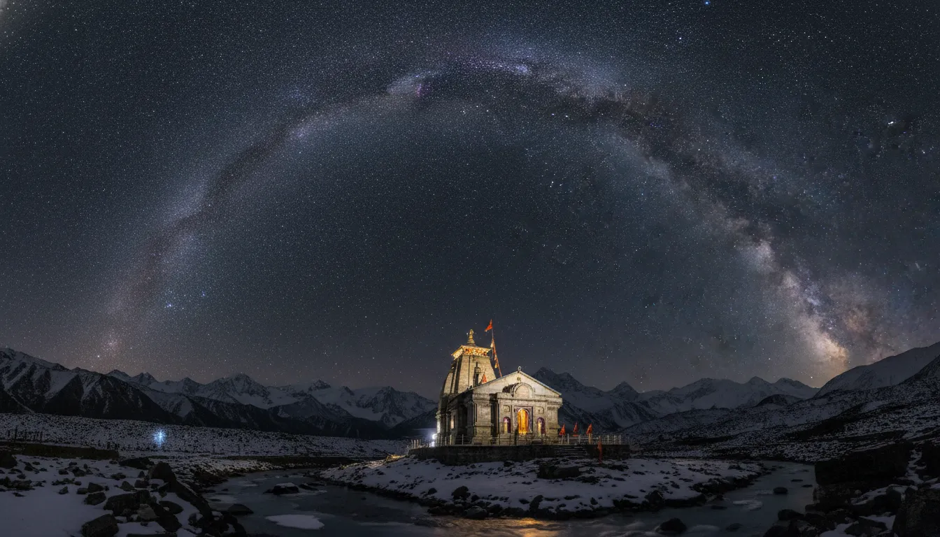 Astrophotography showing the bright Milky Way galaxy directly above the illuminated Kedarnath temple