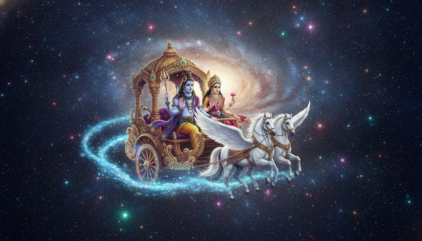 Lord Shiva and Parvati on a celestial chariot traveling through the center of the Milky Way