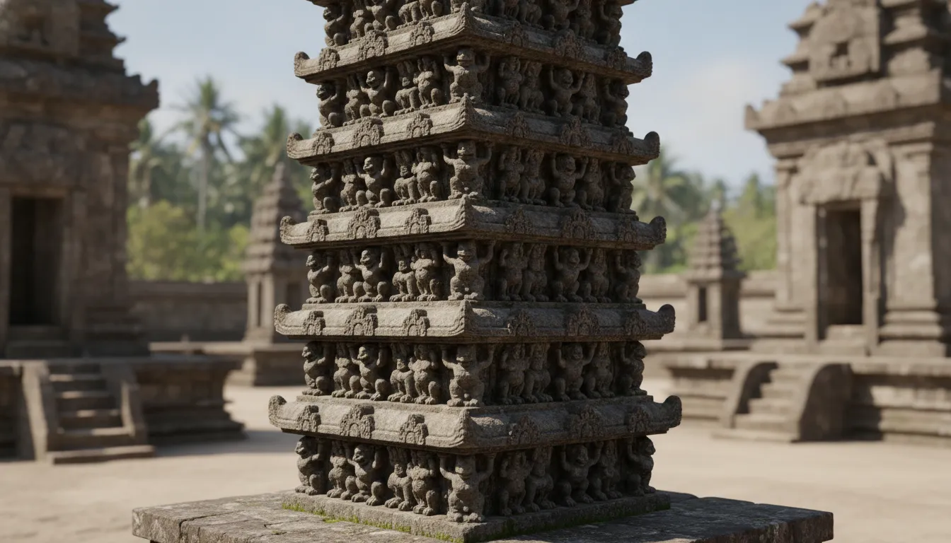 A complex architectural pillar composed of dozens of stacked, miniature temple roofs and small animal carvings on each tier.