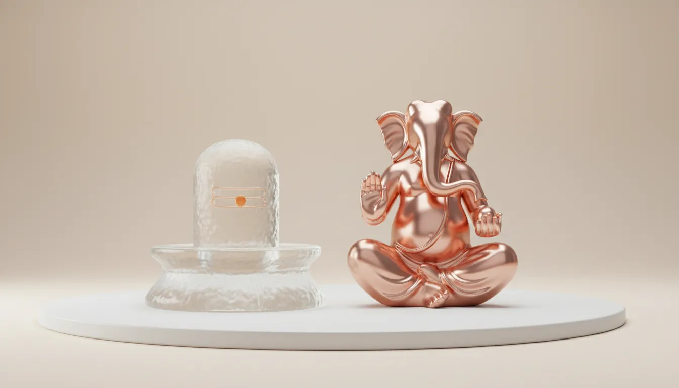 Minimalist 3D rendering full hd images of shivling with ganesha using frosted glass and polished gold materials.