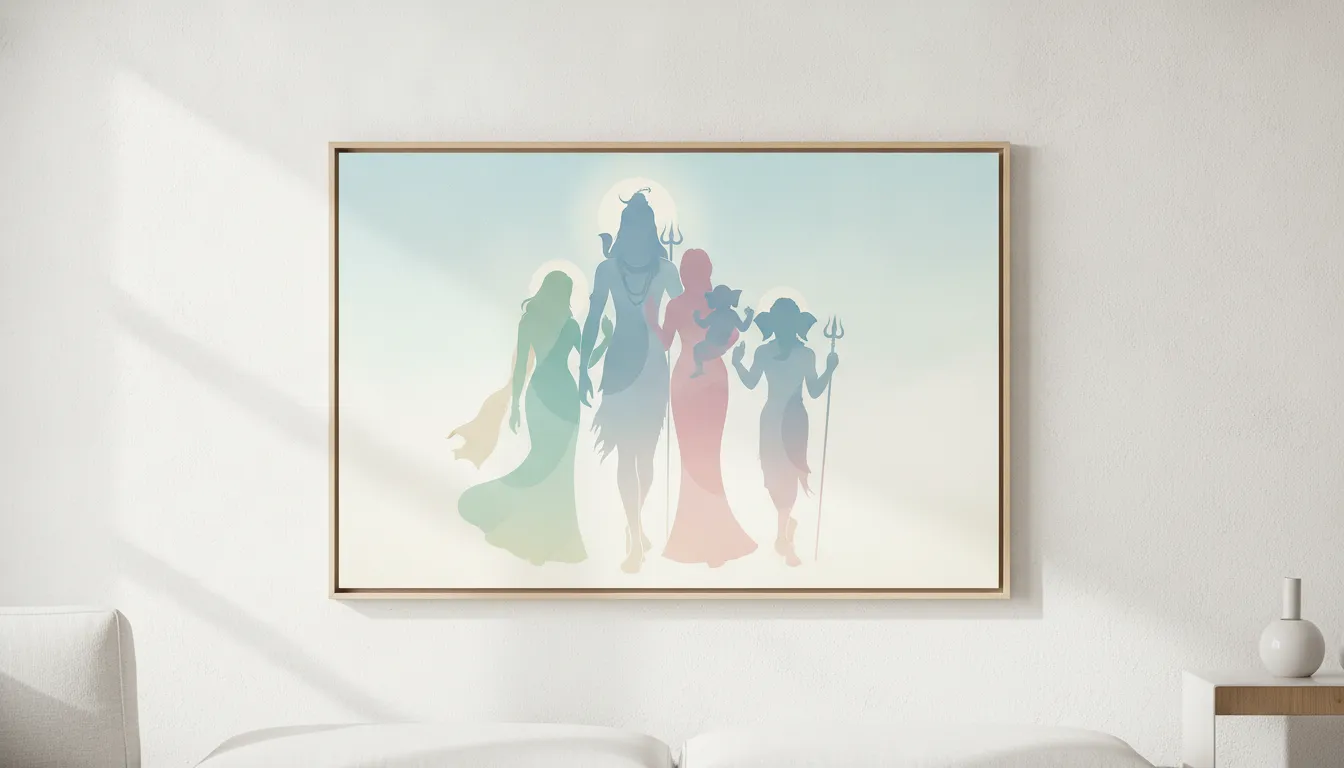 Minimalist fine line art painting of Shiva Parvati family with subtle pastel colors