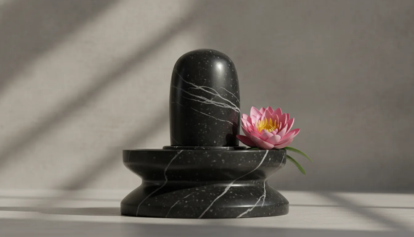 Clean and elegant minimalist design of a black marble shivling with a single lotus flower.