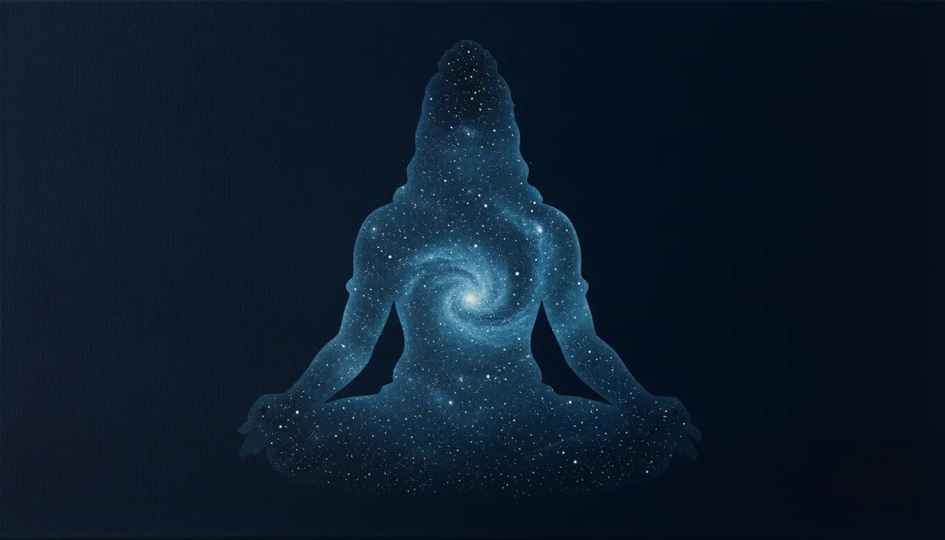 Minimalist silhouette of Lord Shiva in meditation filled with a dense field of bright white stars.