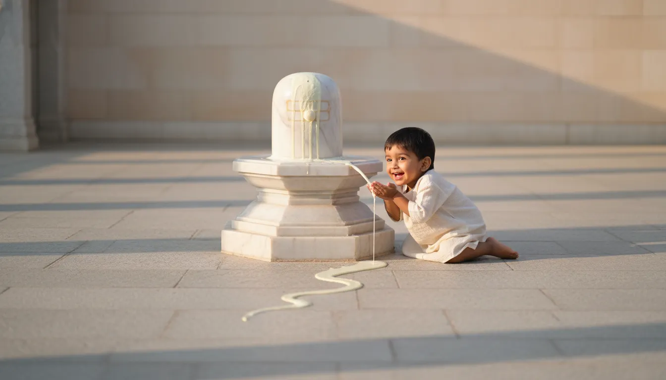 A clean, high-contrast image showing a smooth marble Shivling with white milk flowing towards a sweet child.