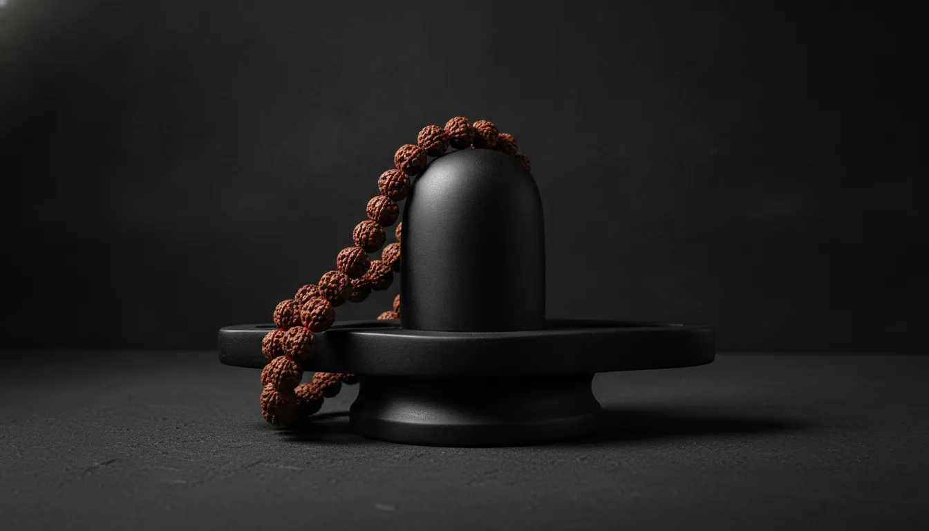 An elegant minimalist black stone Shivling and a single Rudraksha bead string against a textured dark charcoal background